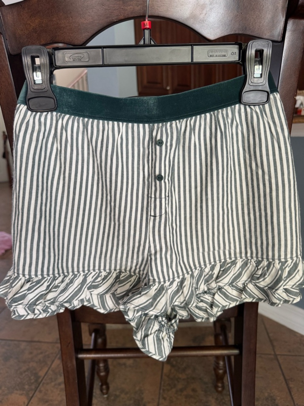 PINK Victoria’s Secret Striped Ruffle Lounge Shorts in Dark Green & White